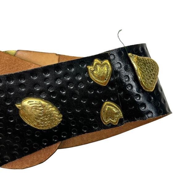 Vintage Rare 70s Black Leather Brass Fruit Applique Waist Belt M main image 4